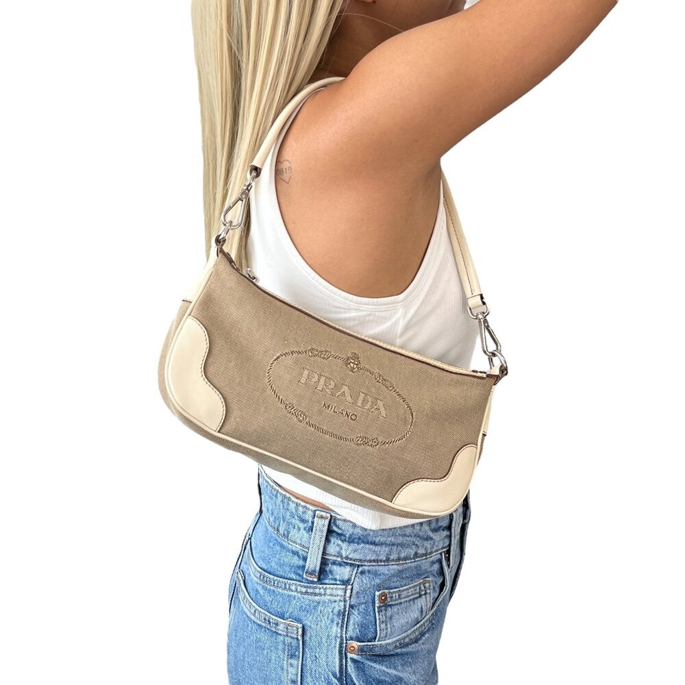 Prada Beige Canvas and Cream Leather Shoulder Bag
